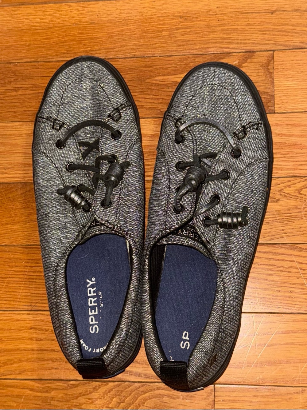 Sperry woman’s Gray Knit Boat Shoes with Elastic Lacing (glittery)